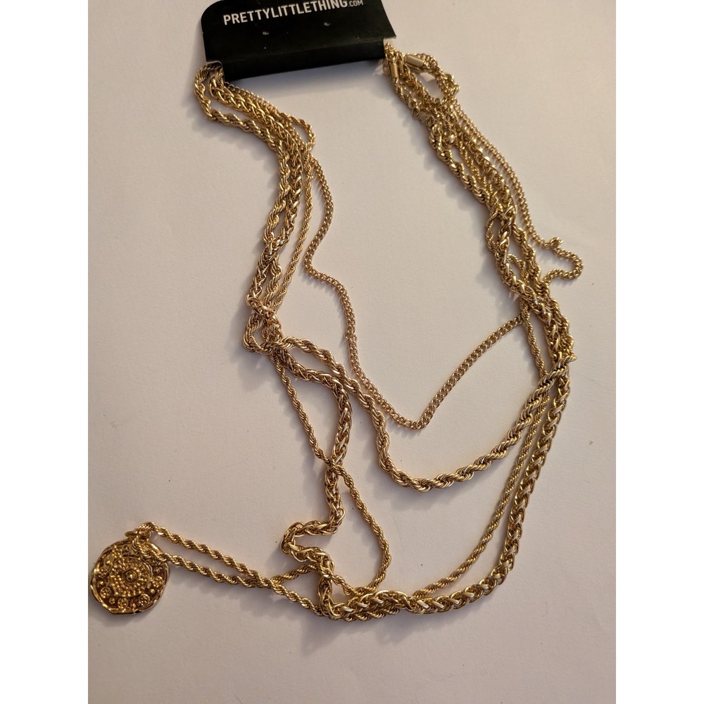 PrettyLittleThing Gold Multi Layer Rope Chain Coin Pendant Necklace Set Womens